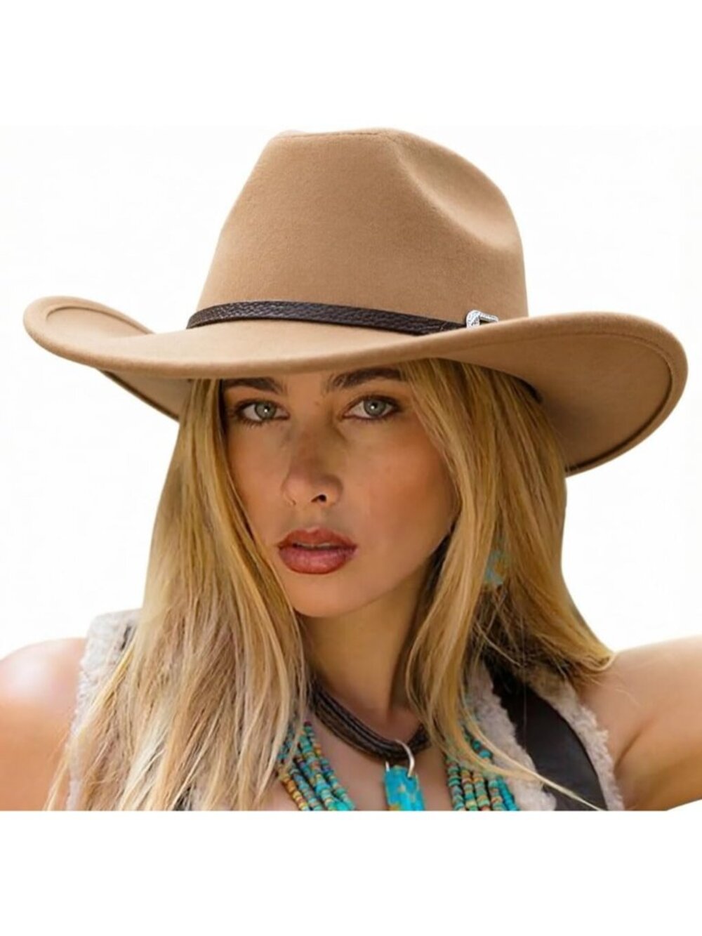 Unisex Khaki Felt Wide Brim Cattleman Western Cowgirl Cowboy Rolled Up Hat